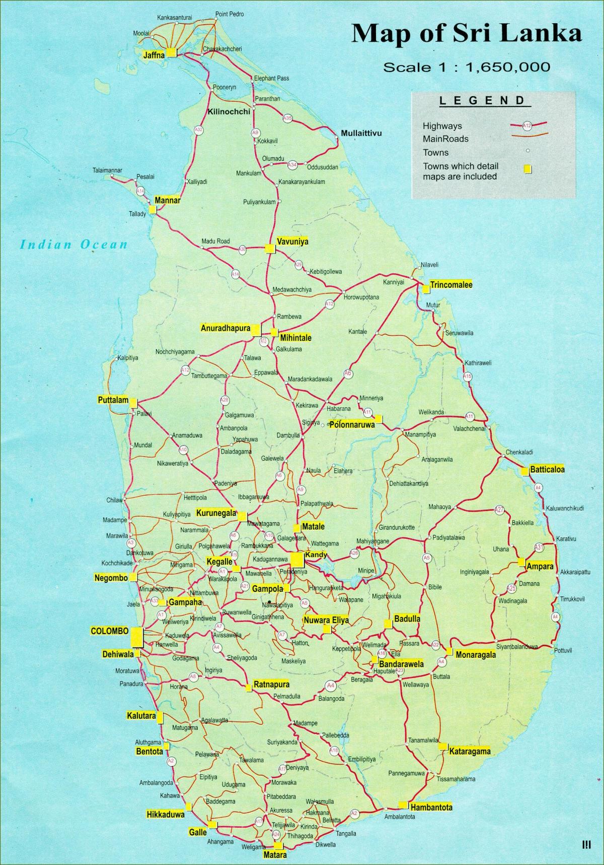 bản đồ của bản đồ du lịch của Sri Lanka với đường