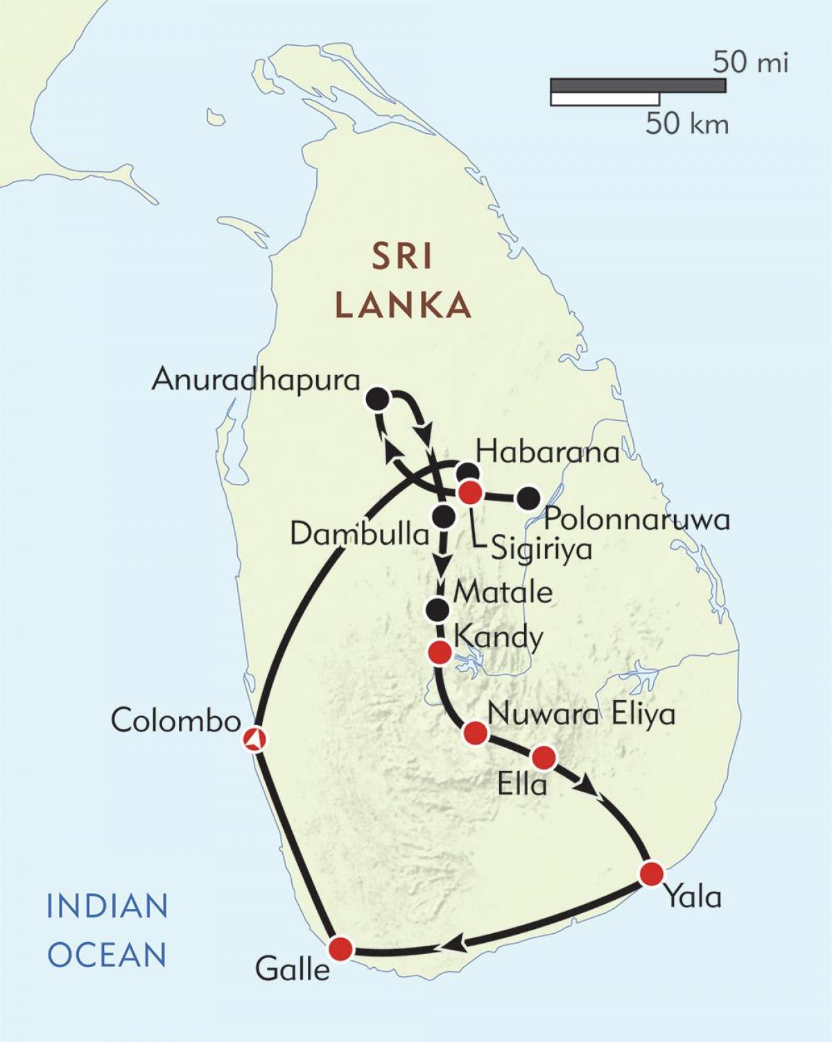 bản đồ của Sri Lanka hành trình