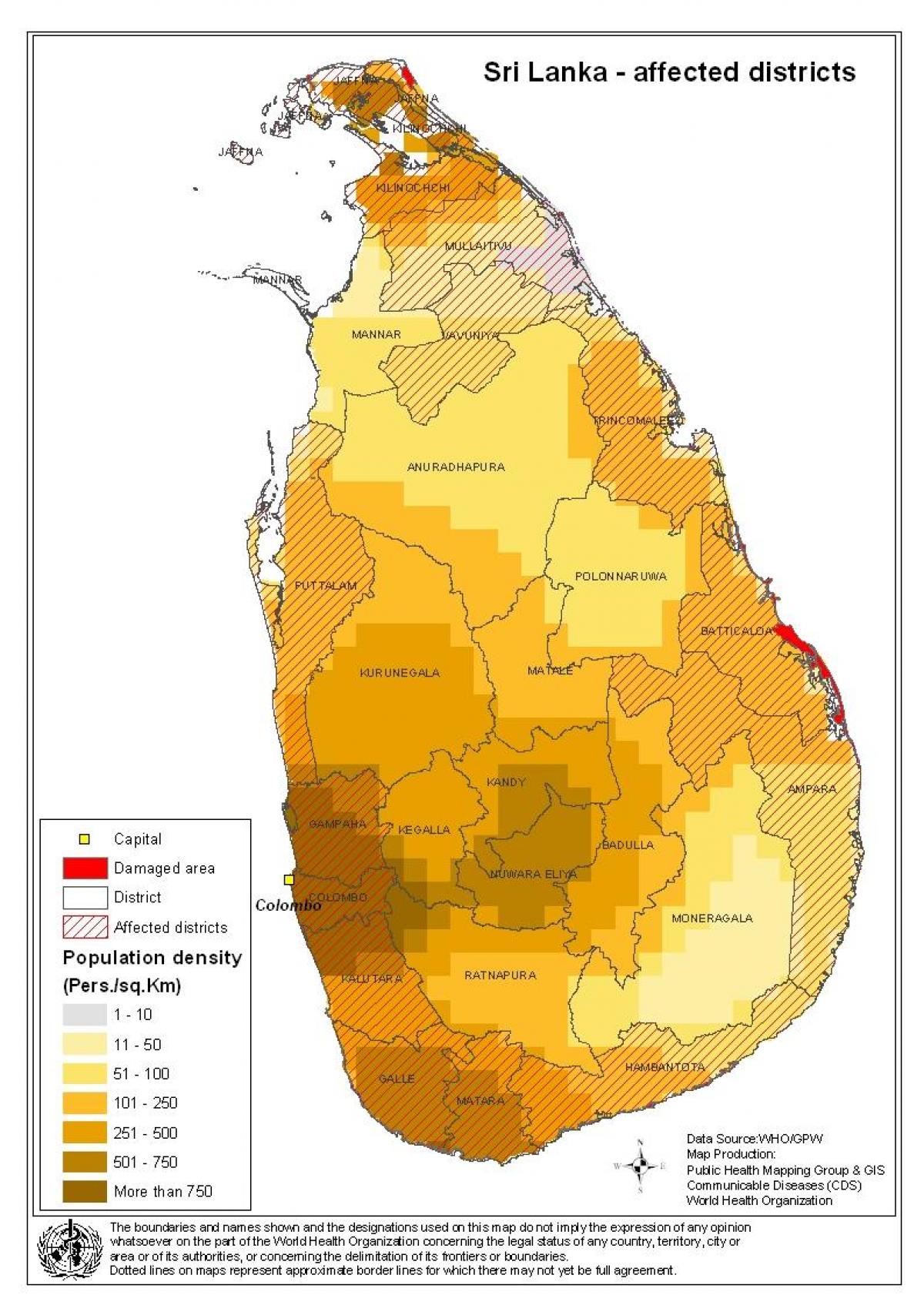 bản đồ của Sri Lanka mật độ dân