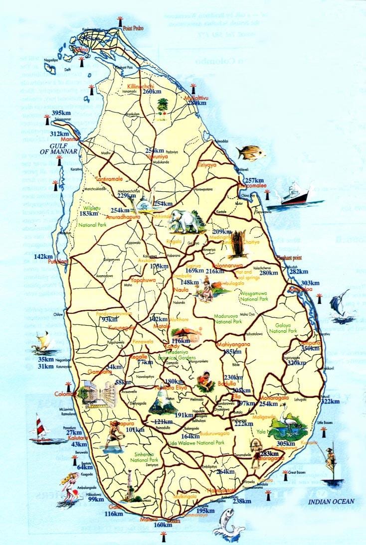 bản đồ du lịch của Sri Lanka với thành phố