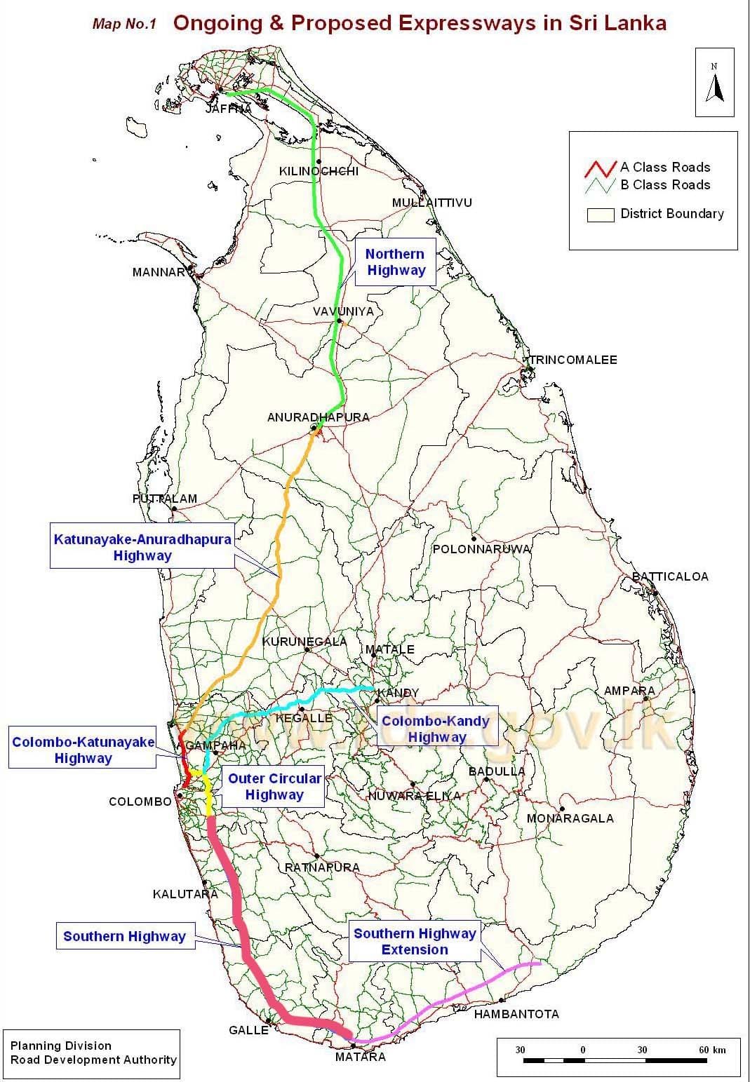bản đồ của Sri Lanka đường cao tốc
