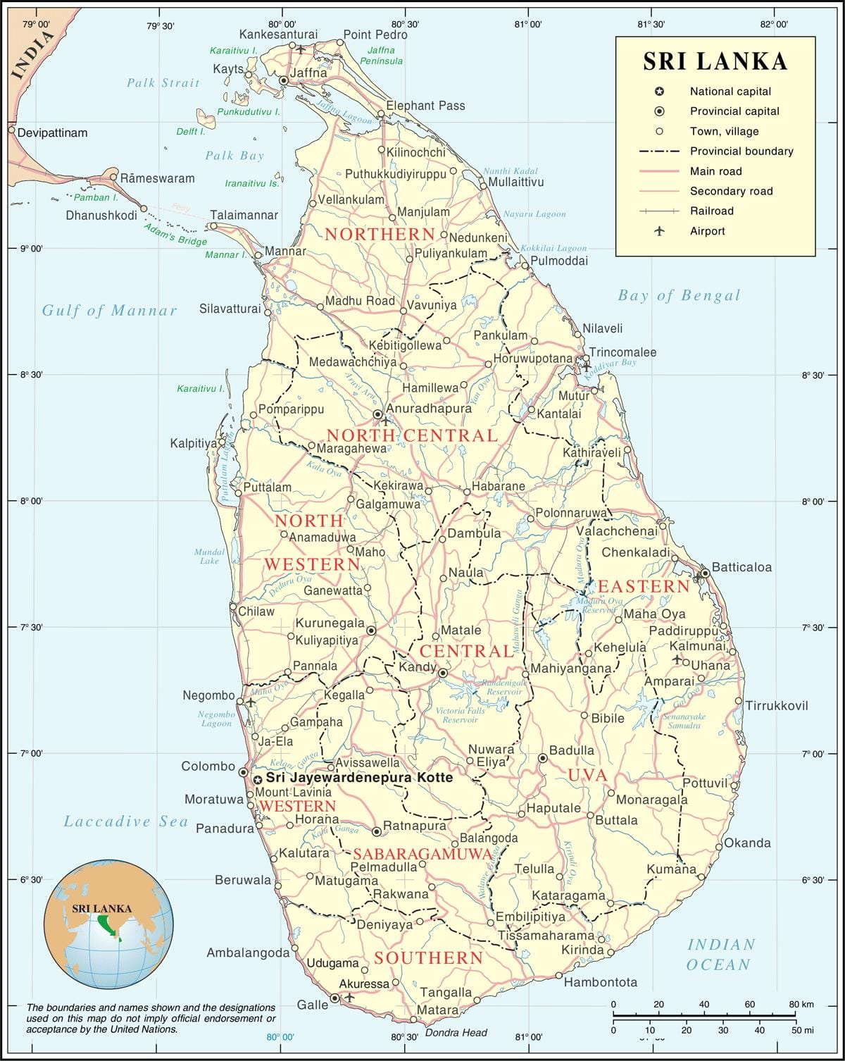 Sri Lanka bản đồ đường tính khoảng cách